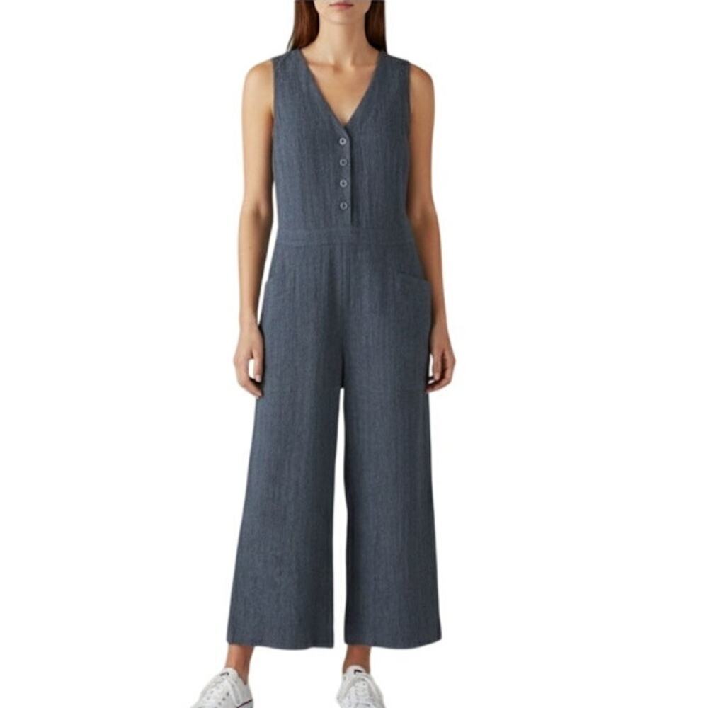 POETRY Dark Indigo Linen Blend Cropped Wide Leg Jumpsuit US 8 - Picture 12 of 12